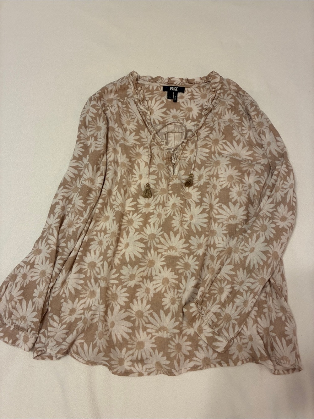 PAIGE Beige and White Floral Peasant Blouse with Tassel Tie